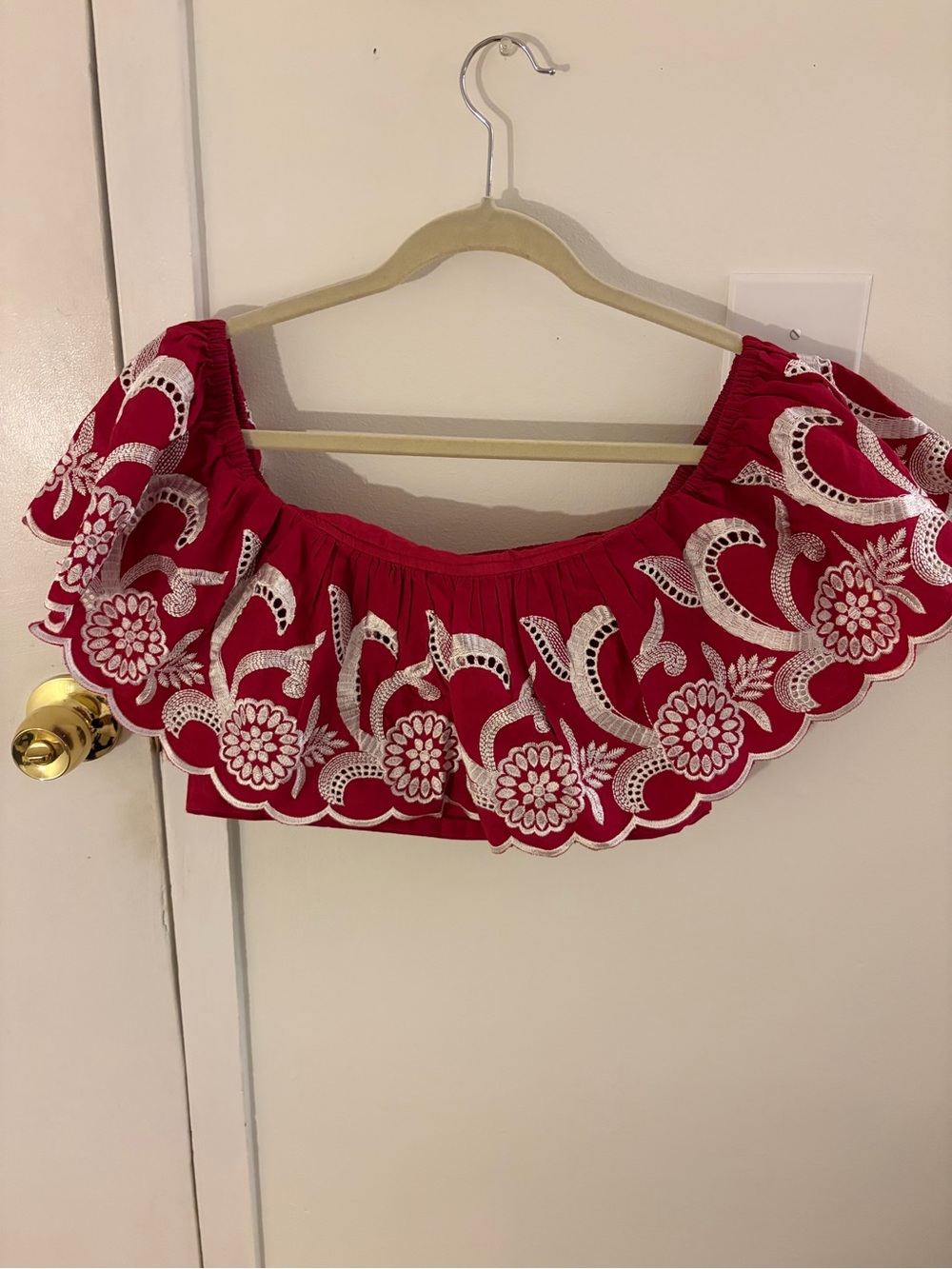 Women’s Red Embroidered Off-Shoulder Ruffle Top - Picture 2 of 4